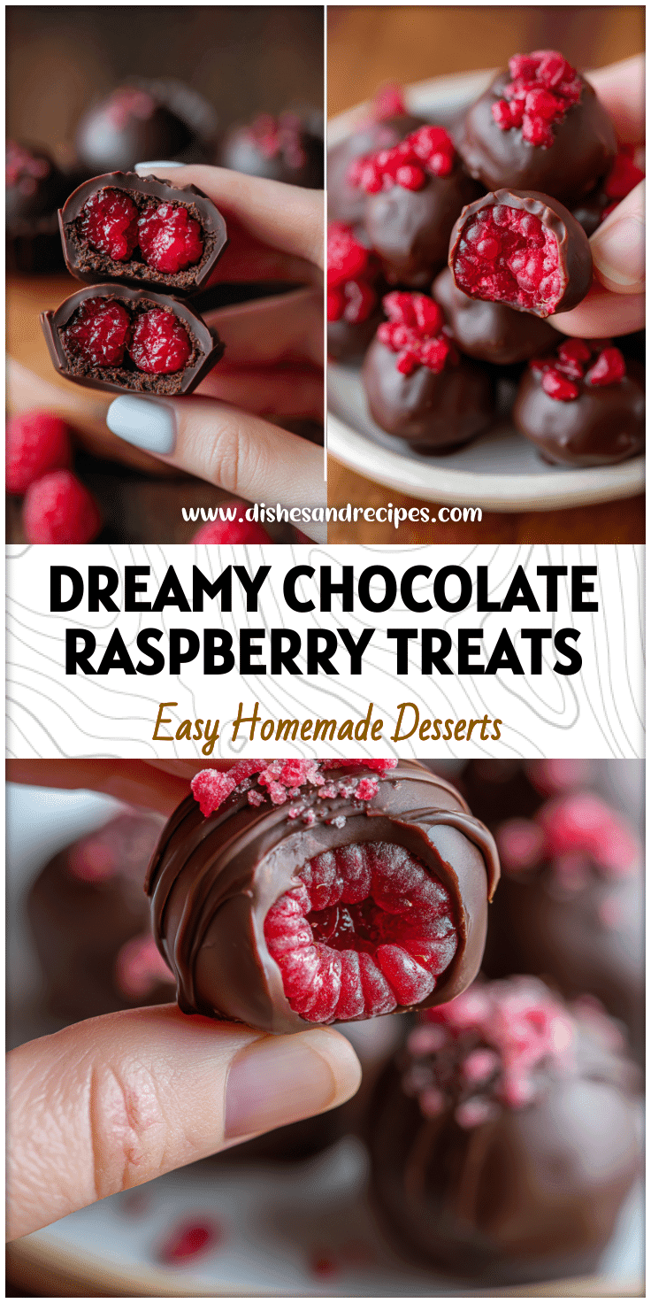 Hand holding glossy chocolate raspberry bites presented in Healthy Dessert Recipes Aesthetic style.